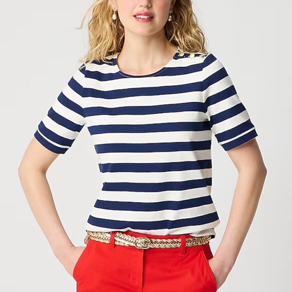 J. Crew Short Sleeve Striped Button Shoulder Tee Blue White Size XS NWT